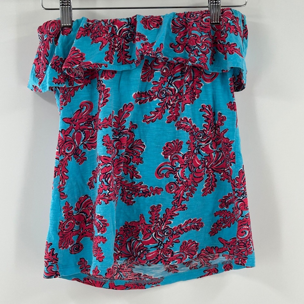 Lilly Pulitzer Blue Pink Coral Print Ruffle Strapless Tube Top 100% Cotton 32957